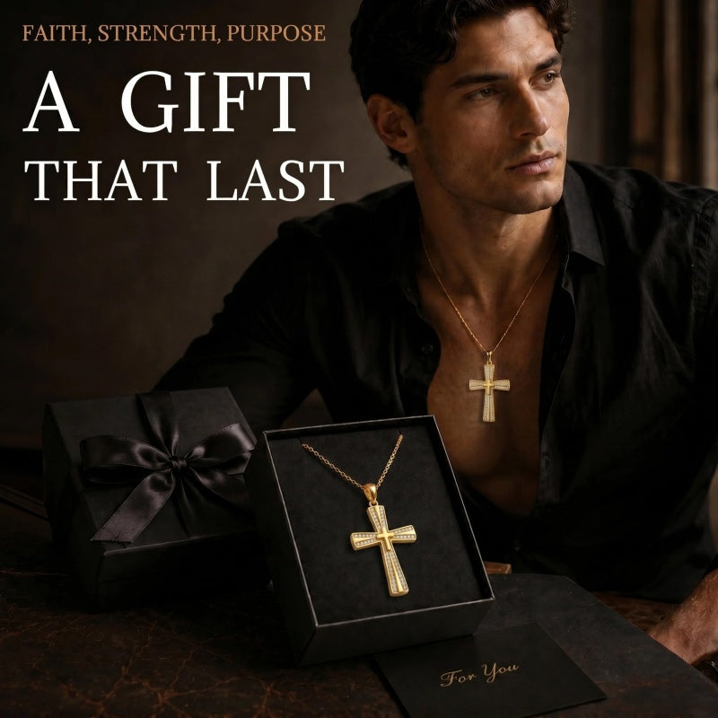 14K Gold Plated Cubic Zircon Cross Pendant Necklace for Men Birthdays Anniversary Christmas Father's Day Gift