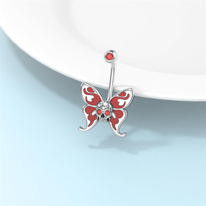 Sterling Silver Cubic Zircon Skull Butterfly Belly Button Ring for Women