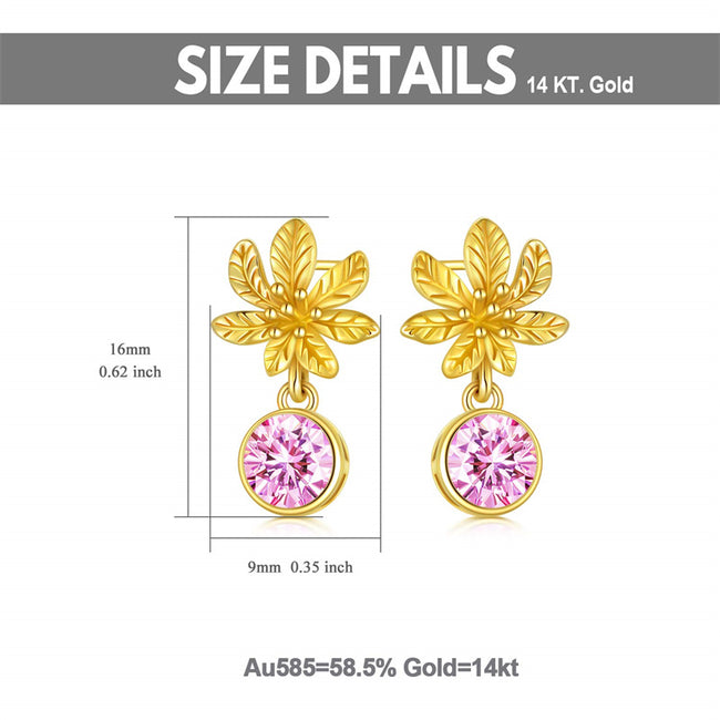 14k Solid Gold Flower Earrings 5a Pink Purple Cubic Zirconia Gold Earrings for Women Dangle Stud Women Earrings