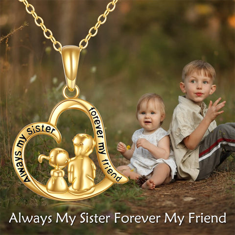 14K Gold Sister Brother Heart Pendant Necklace With Engraved