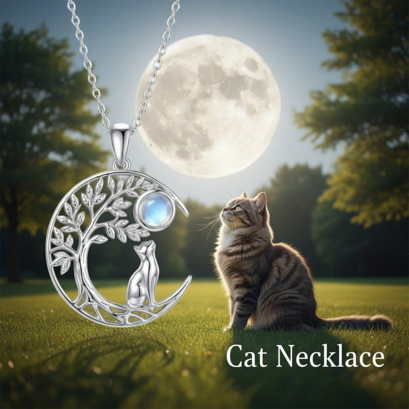 Sterling Silver Moonstone Tree of Life Wolf Cat Fox Rabbit Monkey Pendant Necklace Gift for  Birthday Christmas