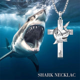 Sterling Silver Shark Fish Hook Triple Moon Cross Pendant Necklace