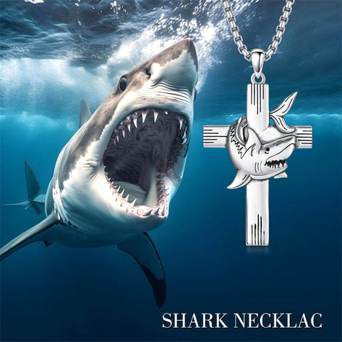 Sterling Silver Shark Fish Hook Triple Moon Cross Pendant Necklace