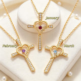 14K Gold Plated  Birthstone  LOVE Heart Cross Necklace for Women Faith Jewelry