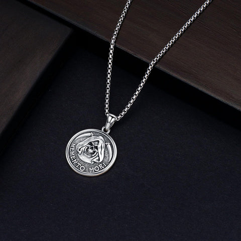 Sterling Silver Memento Mori Gothic Skull Amulet Pendant Necklace for Men
