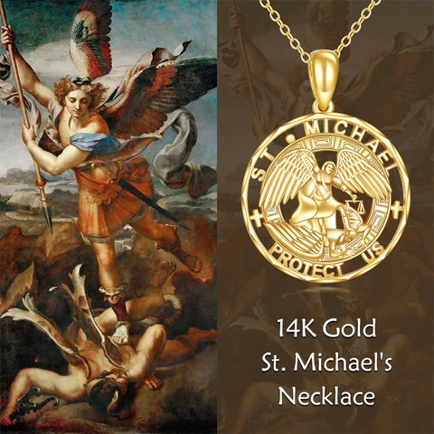 14K Real Gold Patron Saint Necklace Religious Protection Pendant 14K Solid Gold Jewelry Gifts for Men Women