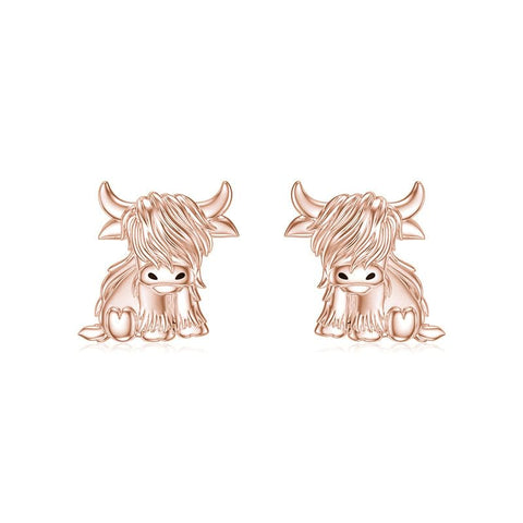 10K 14K 18K Solid Gold Highland Cow Stud Earrings