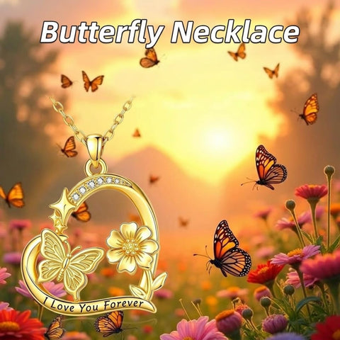 10K 14K 18K  Gold Cubic Zirconia Heart Shaped Bee Butterfly Dragonfly  Necklace Engraved with  I Love Your Forever