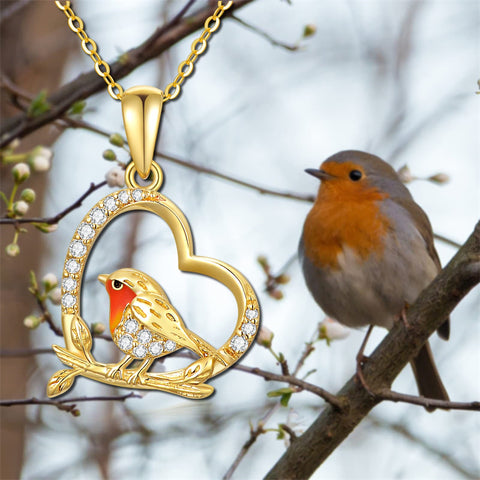 14K Gold Robin Bird Necklace for Women Mom, Solid Gold Heart Pendant with Mocking Bird Mothers Day Gift for Wife Girlfriend Her 16''+1''+1''