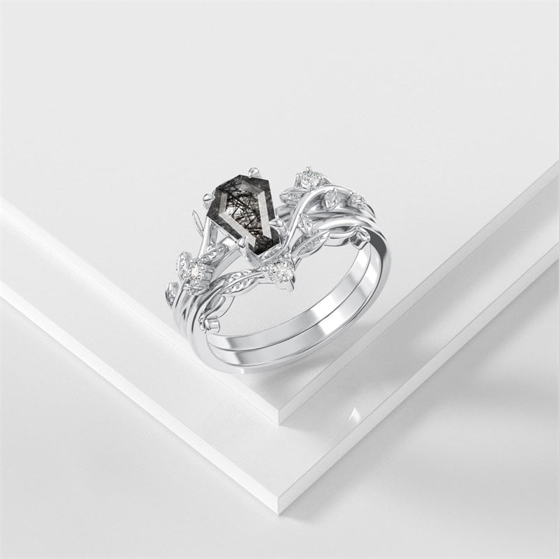 Sterling Silver Pear Oval Kite Heart Hexagon Emerald Coffin Cut Gemstone Engagement Promise Ring Set