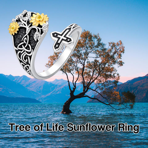 Sterling SilverJesus Cross Bee Cross  Dragonfly Cross Moonstone Sunflower Tree of Life Sunflower Adjustable Spoon Ring