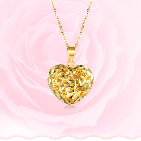 18K Gold Heart Necklace for Women, Yellow Gold Chain with Flower Heart Pendant