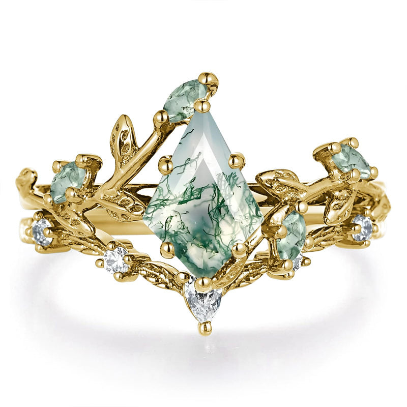Sterling Silver 10K 14K 18K Gold 2CT Moss Agate Vine Leaf Women's Bridal Ring Sets for Wedding Engagement