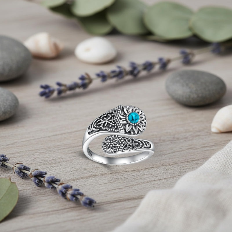 Sterling SilverMustard Seed Turtle Ocean Butterfly Dragonfly Turquoise Adjustable  Spoon Ring Spoon Jewelry for Women