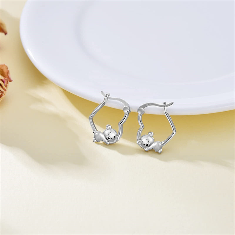 Sterling Silver Fox Frog Leopard Peacock Puppy Animal Hug Hoop Earrings