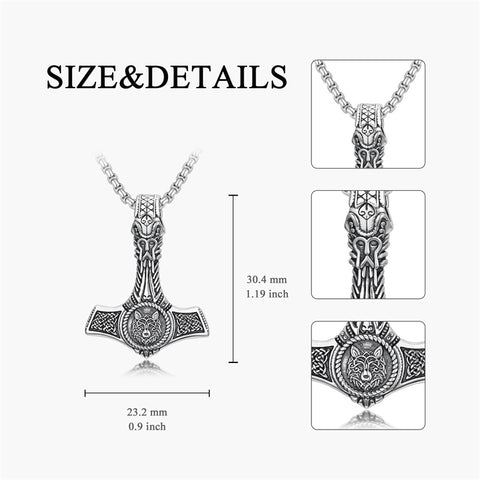 Sterling Silver Celtic Knot Wolf Thors Hammer Pendant Necklace for Men