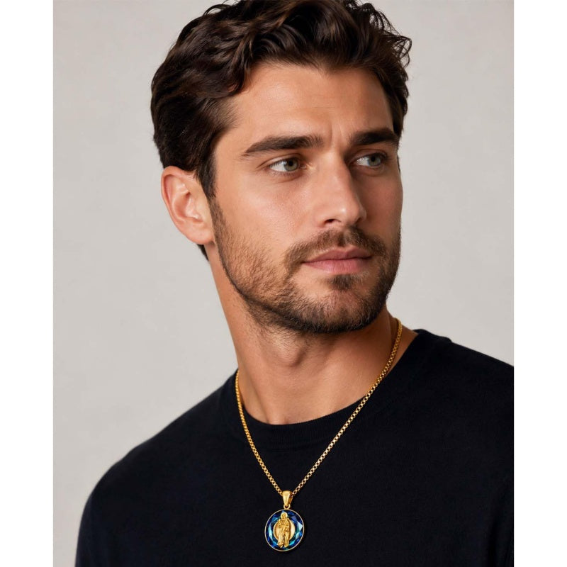 14K Gold Plated Blue Crystal Saint Protection Pendant Necklace Amulet Baptism Gift