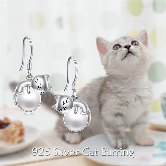 Cat Earrings Jewelry for Women 925 Sterling Silver Rose Quartz Dangle Earrings for Girls