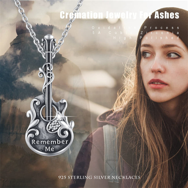 Guitar and Pick Memorial Necklace S925 Sterling Silver Music Guitar Ur