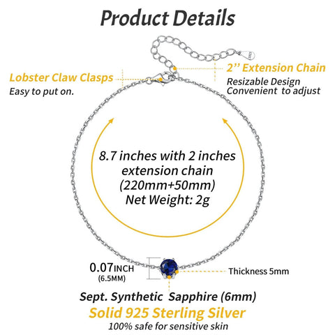 Sterling Silver Simple Dainty Round Heart Birthstone Single Layer Charm Anklet