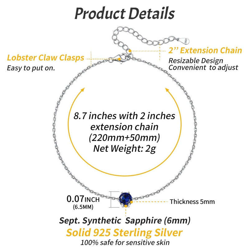 Sterling Silver Simple Dainty Round Heart Birthstone Single Layer Charm Anklet