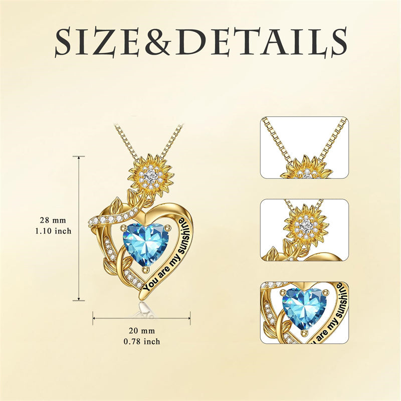 10K 14K 18K Gold  12 Months Birthstones Sunflower Pendant Necklace Engraved with You are My Sunshine