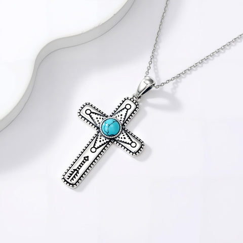 14K Gold Plated Turquoise Cross Pendant Necklace Western Jewelry for Women