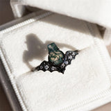 Sterling Silver 10K 14K  18K Gold Personalized Engraved Moss Agate Gothic Promise Wedding Engagement Black Ring Set