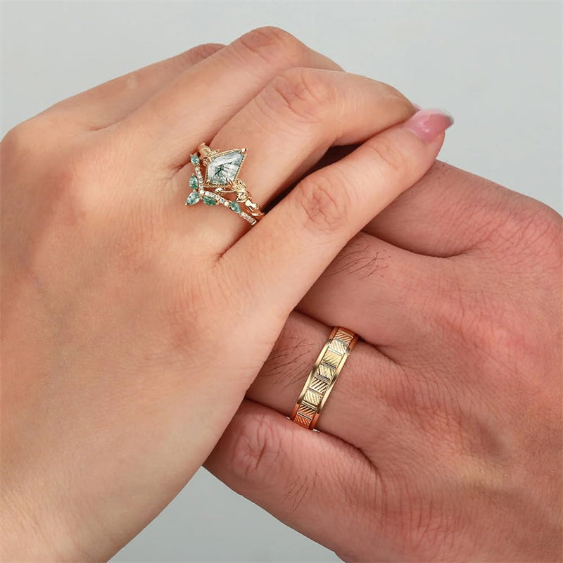 Sterling Silver10K 14K 18K Gold Natural Moss Agate Branch Leafy Engagement Ring Set For Couples