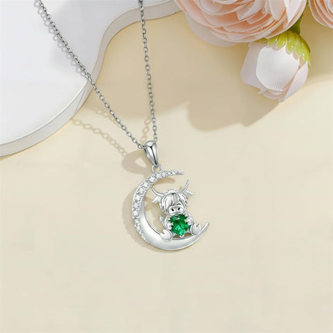 Sterling Silver Round Heart Birthstone Highland Cow Pendant Necklace Fluffy Cow Jewelry Gifts Birthday Christmas