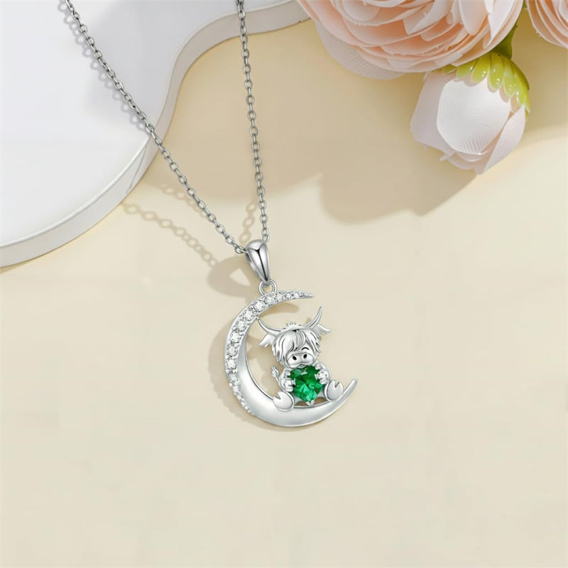 Sterling Silver Round Heart Birthstone Highland Cow Pendant Necklace Fluffy Cow Jewelry Gifts Birthday Christmas