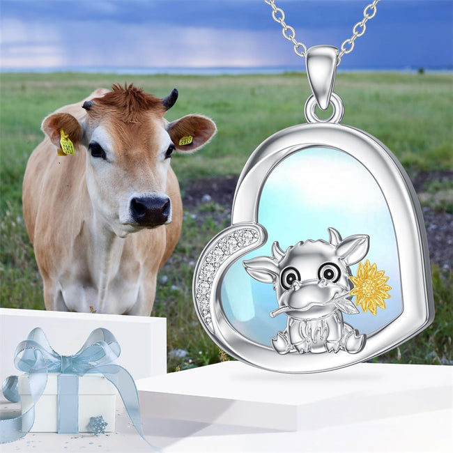 Moonstone Necklace for Women 925 Sterling Silver Heart Necklace Highland Cow Pendant Necklace Cute Animal Necklace Jewelry Gifts for Women Girls
