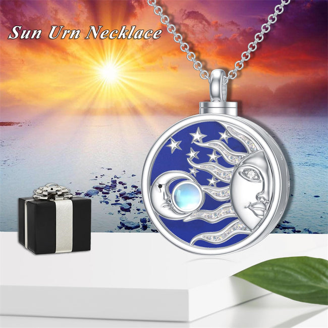 Sun Moon Urn Necklace for Ashes 925 Sterling Silver Moonstone Cremation Necklace Memorial Keepsake Necklace Cremation Jewelry Gifts for Women