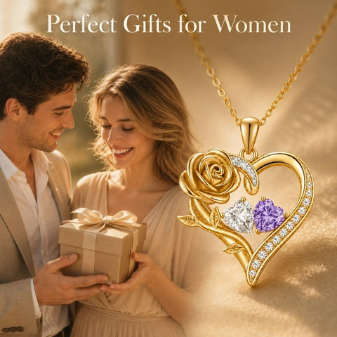 14K Gold Plated Double Heart Birthstone Rose Pendant Necklace for Women