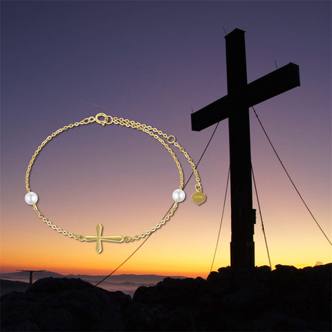 14k Gold Cross Anklets for Women, Real Pearl Religious Ankle Bracelet Gifts for Her, 9.4"+0.8"+0.8"