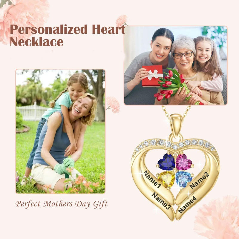 14K Gold Plated Personalized 1-5 Heart Birthstone Names Necklace  for Women
