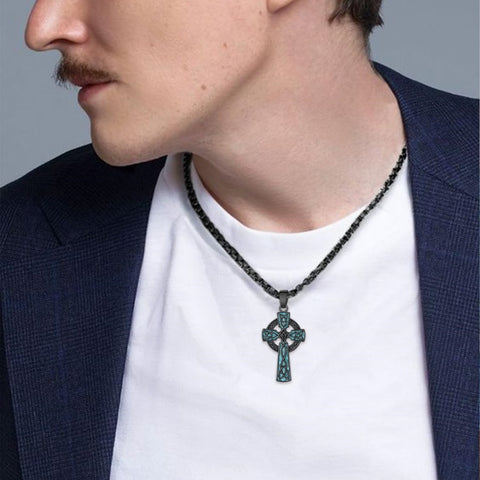 14K Gold Plated Turquoise Malachite Abalone Shell Cross Pendant Necklace for Men