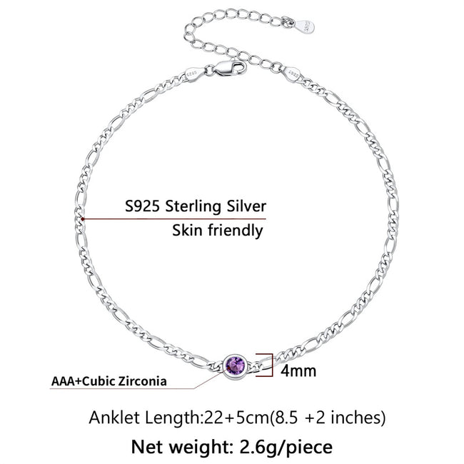 Figaro Anklets for Women, Sterling Silver Diamond Cut 3mm Link Chain Ankle Bracelet with Round Birthstone, Length 8.5"-10.5"