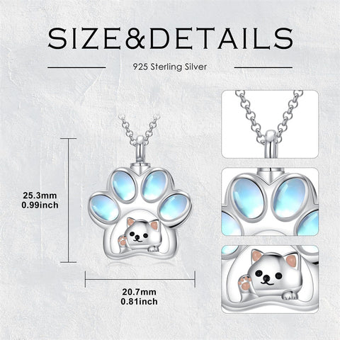 Cat Urn Necklaces for Ashes 925 Sterling Silver Cat Cremation Jewelry with Funnel Filler Kit Pet Paw Moonstone Ashes Necklace for Women Pets