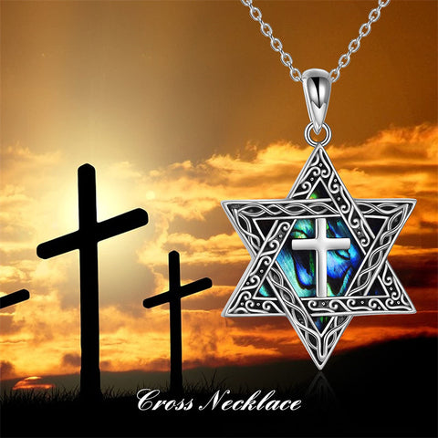 Star of David Necklace Sterling Silver Cross/Chai/Peace Sign/Tree of Life Abalone Shell Jewish Jewelry for Women Men