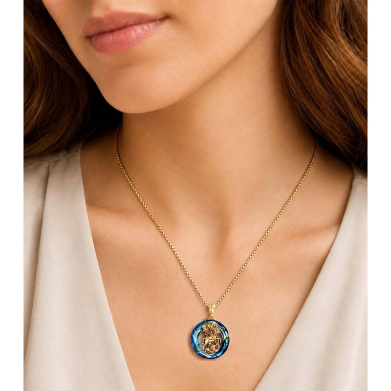 14K Gold Plated Blue Crystal Saint Protection Pendant Necklace Amulet Baptism Gift