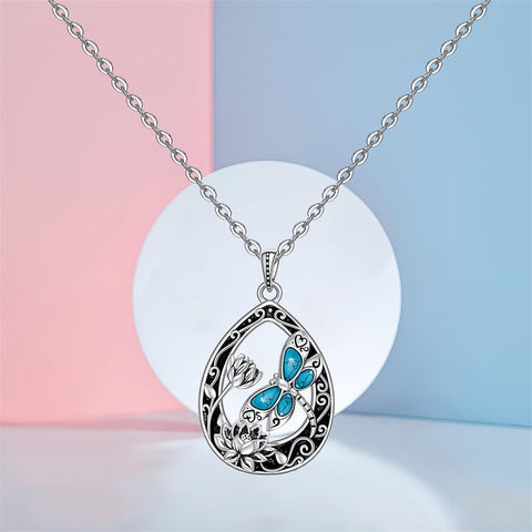 Sterling Silver Turquoise Filigree Lotus Flower Dragonfly Pendant Necklace