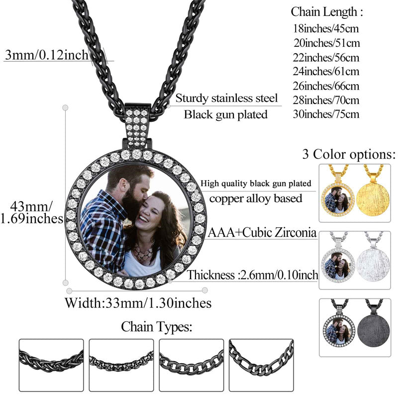 Copper  Cubic Zirconia Round Personalized Photo Engraved Pendant Necklace