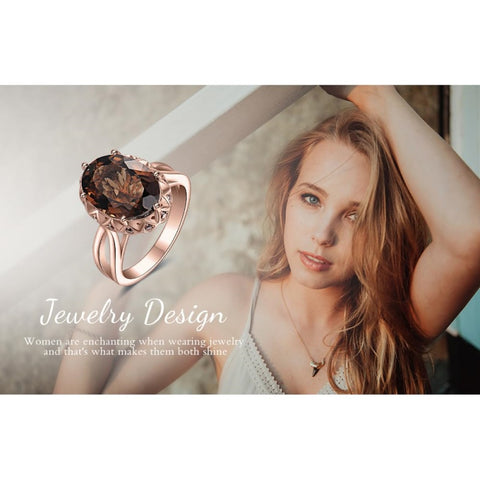 14K Gold Plated  Oval Shape 3.7CT Genuine Smoky Quartz Cocktail Rings for Her