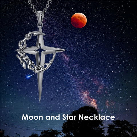 Sterling Silver Gothic Black Moon and Star Pendant Necklace