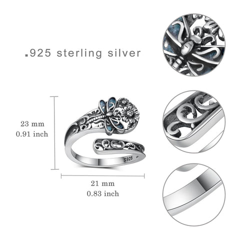 Sterling Silver Oxidized Dragonfly Butterfly Hummingbird Sea Turtle Anchor Cross Tree of Life Sunflower Spoon Ring