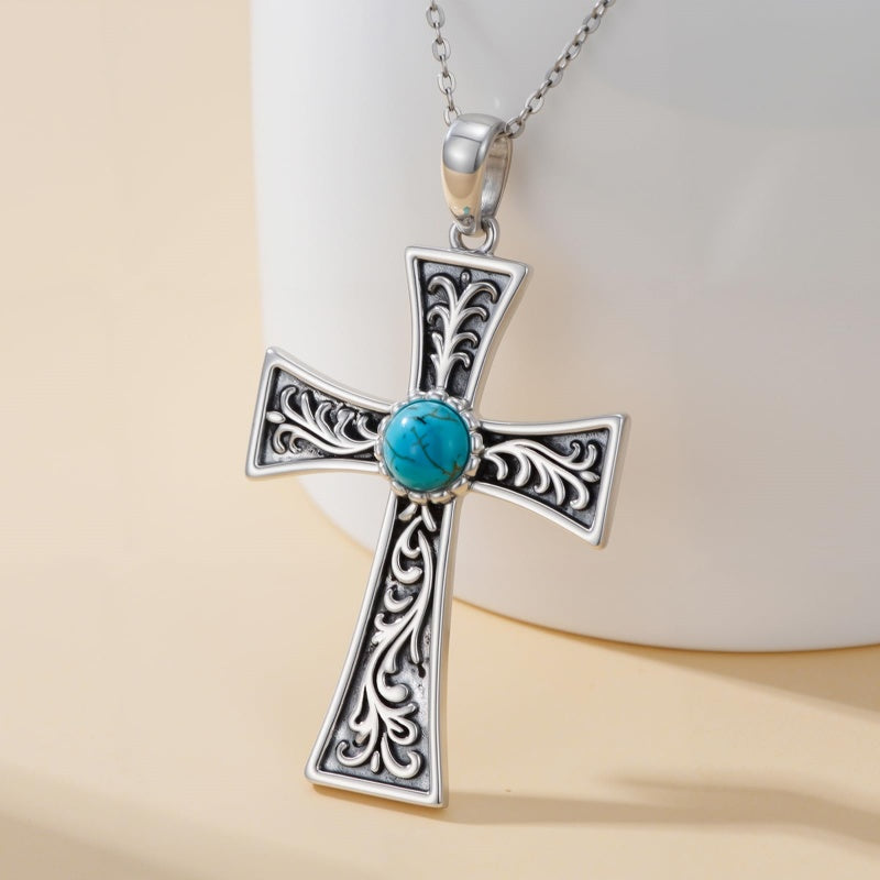 14K Gold Plated Turquoise Cross Pendant Necklace