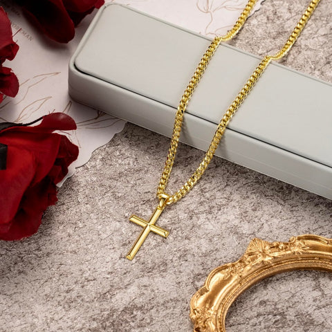 14K Gold Plated Cross Necklace with Cuban Chain for Men
