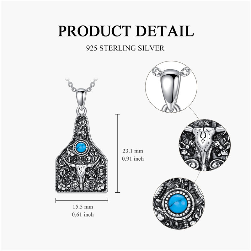 Sterling Silver Turquoise Longhorn Cow Tag Pendant Necklace