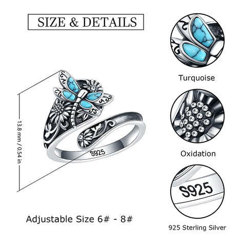Sterling Silver Turquoise Dragonfly Spoon Ring and Dragonfly Sunflower Earrings